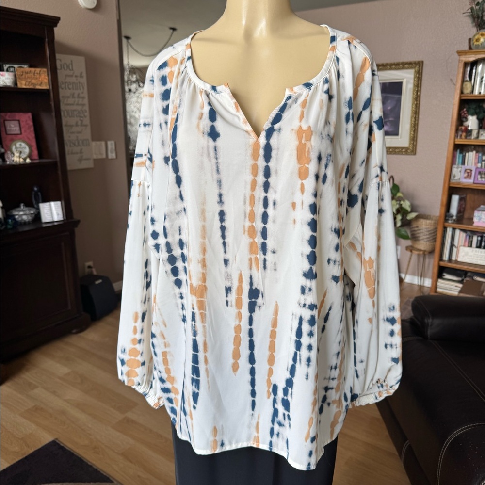Tie-Dye Print Peasant Blouse - White with Navy & Tan